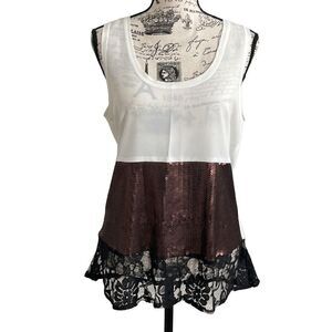 BB Dakota Sequin Lace Tank Top White Black Bronze Small